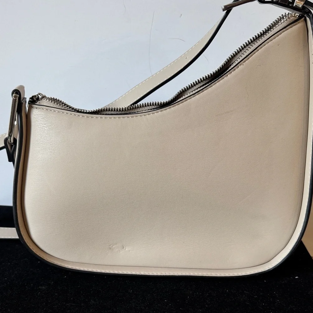 BCBGeneration Crescent Saddlebag Crossbody Purse Stone Beige Faux Leather